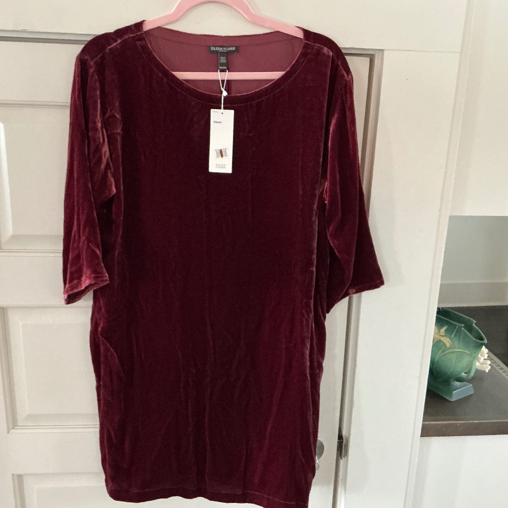Eileen Fisher Burgundy Velvet Tunic Dress Sz PM MP Retail $338 NWT